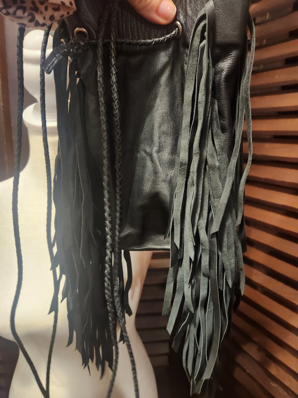 Fringed Crossbody Bucket Bag in Black - Picture 5 of 5
